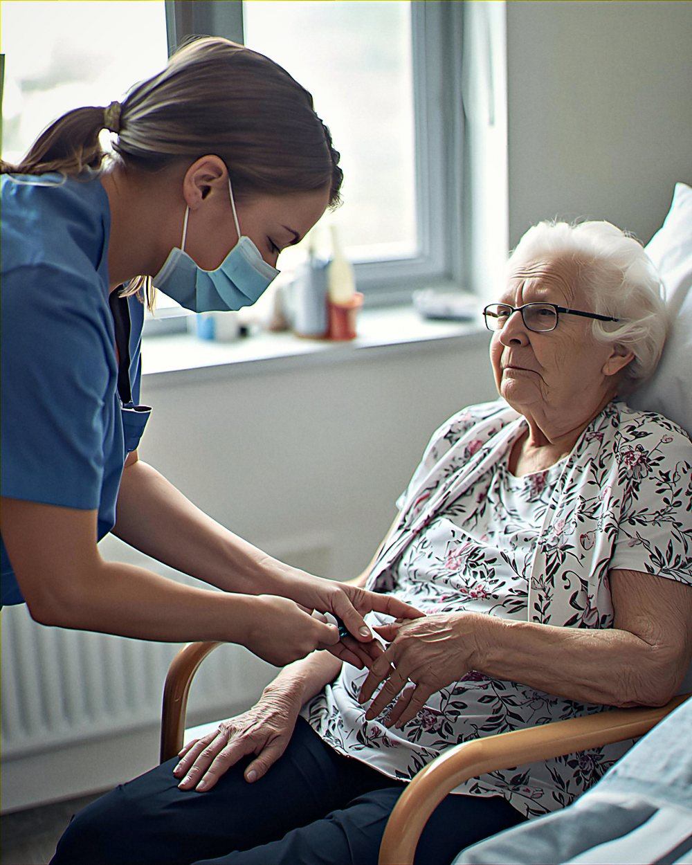 Pflegekraft hält die Hand einer Patientin