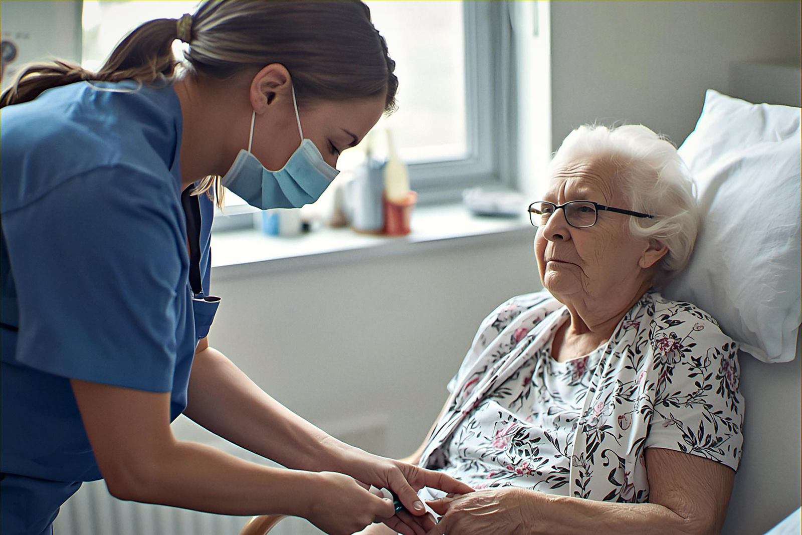 Pflegefachkraft hält die Hand einer Patientin am Fenster